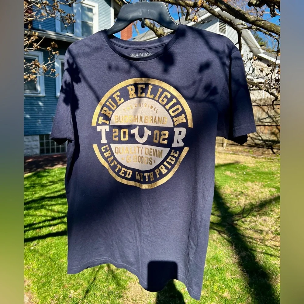 NWOT Mens True Religion T-shirt Double Puff Crew navy gold Buddha Brand 2002 y2k